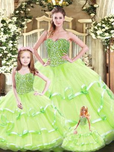 Pretty Yellow Green Ball Gowns Tulle Sweetheart Sleeveless Beading and Ruffled Layers Floor Length Lace Up Vestidos de Quinceanera