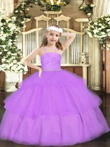  Organza Straps Sleeveless Zipper Beading and Lace Party Dress in Lavender