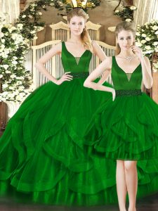 Exquisite Dark Green Sleeveless Floor Length Beading and Ruffles Lace Up Quinceanera Gown