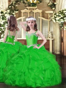  Green Ball Gowns Organza Straps Sleeveless Beading and Ruffles Floor Length Lace Up Little Girl Pageant Gowns