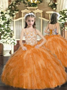 Simple Organza Straps Sleeveless Lace Up Beading and Ruffles Party Dress for Toddlers in Orange