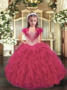 Luxurious Hot Pink Organza Lace Up Party Dress for Toddlers Sleeveless Floor Length Beading and Ruffles
