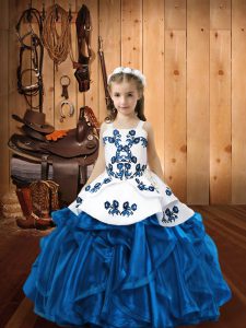  Blue Sleeveless Embroidery and Ruffles Floor Length Little Girls Pageant Gowns
