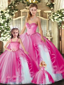  Sleeveless Organza Floor Length Lace Up Sweet 16 Dress in Fuchsia with Beading and Ruffles