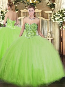 High Quality Yellow Green Tulle Lace Up Sweet 16 Dress Sleeveless Floor Length Beading