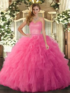 Top Selling Hot Pink Sweetheart Neckline Ruffles 15 Quinceanera Dress Sleeveless Lace Up