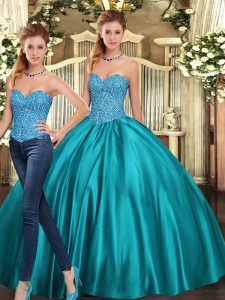  Teal Two Pieces Beading Sweet 16 Dress Lace Up Tulle Sleeveless Floor Length