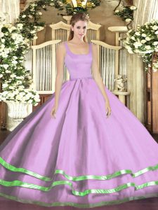  Lavender Ball Gowns Tulle Straps Sleeveless Ruffled Layers Floor Length Zipper Quince Ball Gowns
