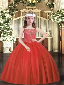 High End Sleeveless Tulle Floor Length Zipper Little Girls Pageant Dress in Red with Beading