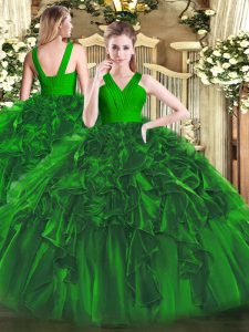 Discount Ball Gowns Quinceanera Gown Dark Green V-neck Organza Sleeveless Floor Length Zipper