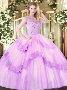 Stunning Lilac Sleeveless Floor Length Beading and Appliques Zipper Quinceanera Dresses