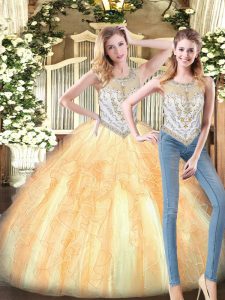 Spectacular Gold Zipper Scoop Beading and Ruffles Ball Gown Prom Dress Organza Sleeveless