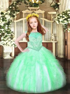 Pretty Sleeveless Organza Floor Length Zipper Pageant Gowns For Girls in Apple Green with Beading and Ruffles