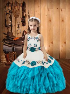Perfect Baby Blue Ball Gowns Straps Sleeveless Organza Floor Length Lace Up Embroidery and Ruffles Little Girl Pageant Dress