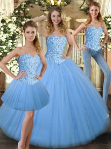  Baby Blue Sleeveless Tulle Lace Up Sweet 16 Dress for Military Ball and Sweet 16 and Quinceanera
