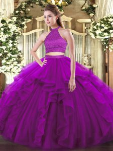  Sleeveless Floor Length Beading and Ruffles Backless Quinceanera Gown with Purple