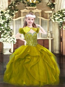 Nice Olive Green Ball Gowns Beading and Ruffles Little Girl Pageant Gowns Lace Up Tulle Sleeveless Floor Length