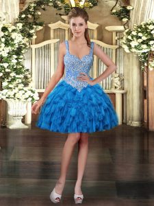 Top Selling Sleeveless Organza Mini Length Lace Up Evening Dress in Blue with Beading and Ruffles