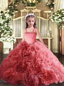 Glorious Coral Red Straps Neckline Appliques Little Girl Pageant Gowns Sleeveless Lace Up