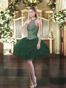  Dark Green Halter Top Lace Up Beading and Ruffles Prom Dress Sleeveless
