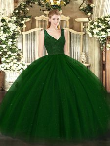 Ideal Dark Green Tulle Backless Quinceanera Gowns Sleeveless Floor Length Beading and Lace