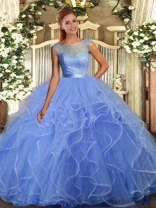  Scoop Sleeveless Backless Quinceanera Gowns Blue Organza