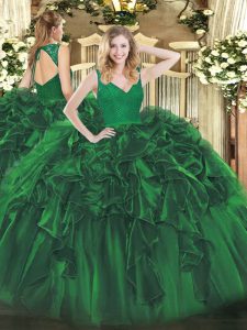  Sleeveless Floor Length Beading and Ruffles Zipper Quinceanera Gowns with Dark Green