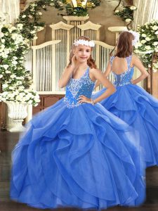Elegant V-neck Sleeveless Lace Up Little Girls Pageant Gowns Blue Tulle