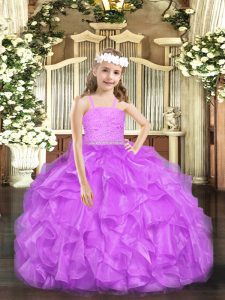 Custom Designed Beading and Lace and Ruffles Little Girls Pageant Dress Wholesale Lavender Zipper Sleeveless Floor Length