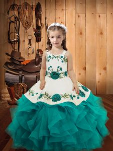  Floor Length Lace Up Child Pageant Dress Teal for Sweet 16 and Quinceanera with Embroidery and Ruffles