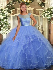 Lovely Blue Tulle Backless Scoop Sleeveless Floor Length Quinceanera Gowns Lace and Ruffles