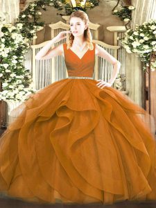 Top Selling Brown Ball Gowns Tulle V-neck Sleeveless Beading and Ruffles Floor Length Zipper Sweet 16 Dress