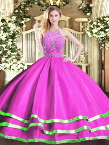  Fuchsia Ball Gowns Beading Sweet 16 Dress Zipper Tulle Sleeveless Floor Length