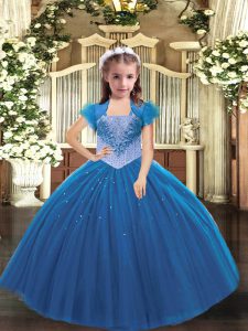 Cheap Blue Lace Up Straps Beading Little Girls Pageant Dress Tulle Sleeveless