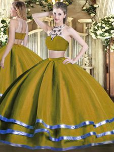  Floor Length Backless Quinceanera Dress Olive Green for Military Ball and Sweet 16 and Quinceanera with Beading