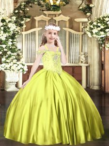  Satin Off The Shoulder Sleeveless Lace Up Beading Little Girls Pageant Dress Wholesale in Yellow Green