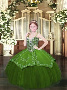  Olive Green Satin and Organza Lace Up Spaghetti Straps Sleeveless Floor Length Kids Pageant Dress Beading and Embroidery