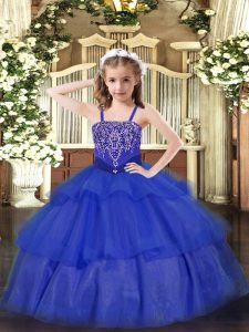 Discount Royal Blue Lace Up Straps Beading and Ruffled Layers Kids Formal Wear Organza Sleeveless