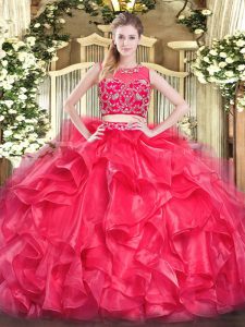 Cheap Red Sleeveless Floor Length Beading and Ruffles Zipper Quinceanera Gowns