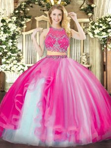  Hot Pink Sleeveless Floor Length Beading and Ruffles Zipper Quinceanera Gowns