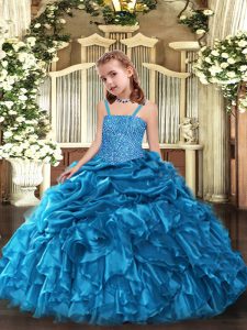 Elegant Blue Sleeveless Floor Length Beading and Ruffles Lace Up Pageant Gowns For Girls