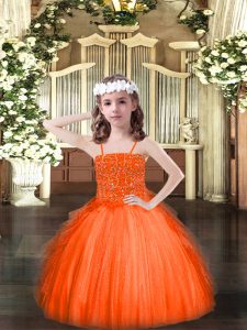  Spaghetti Straps Sleeveless Lace Up Child Pageant Dress Orange Red Tulle