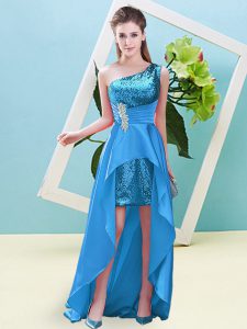  Baby Blue Sleeveless High Low Beading and Sequins Lace Up Prom Party Dress