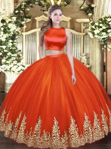 Customized High-neck Sleeveless Criss Cross Sweet 16 Quinceanera Dress Red Tulle