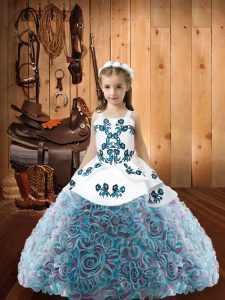 New Style Multi-color Lace Up Straps Embroidery Little Girls Pageant Gowns Fabric With Rolling Flowers Sleeveless