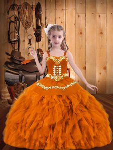 Custom Designed Floor Length Lace Up Kids Formal Wear Orange for Party and Sweet 16 and Quinceanera and Wedding Party with Embroidery and Ruffles