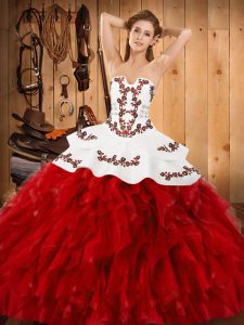 Traditional Wine Red Strapless Neckline Embroidery and Ruffles Vestidos de Quinceanera Sleeveless Lace Up