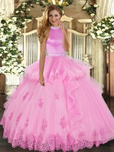  Halter Top Sleeveless Ball Gown Prom Dress Floor Length Beading and Ruffles Rose Pink Tulle