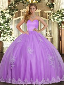Comfortable Lavender Tulle Lace Up Sweetheart Sleeveless Floor Length Quinceanera Gowns Beading and Appliques