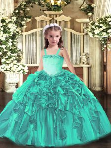 Floor Length Ball Gowns Sleeveless Turquoise Girls Pageant Dresses Lace Up